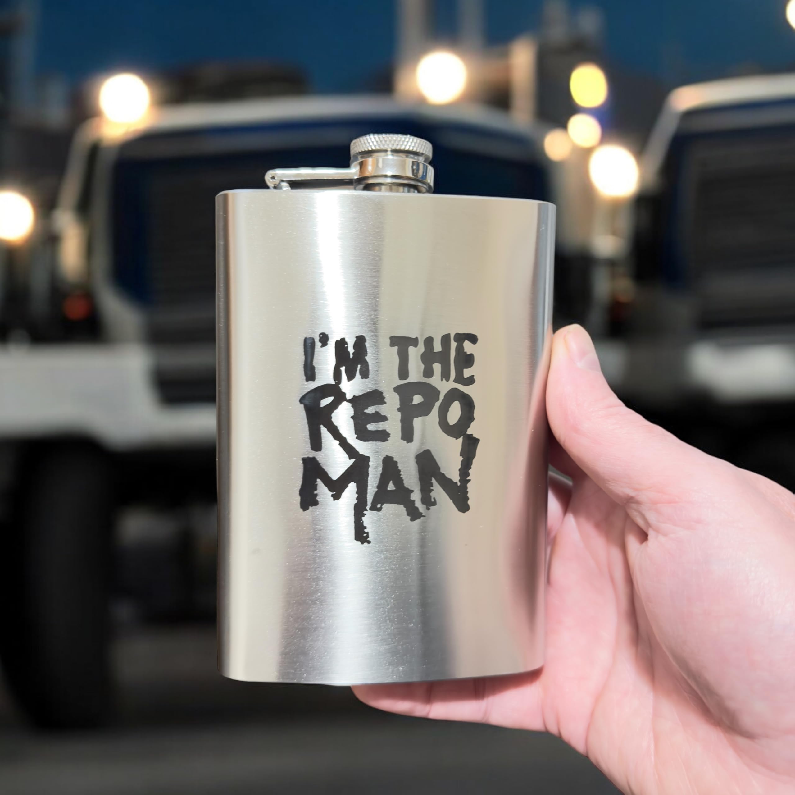 8oz Stainless Steel 'I'm the Repo Man' Hip Flask - Perfect for Outdoor Adventures, Parties & Gifts