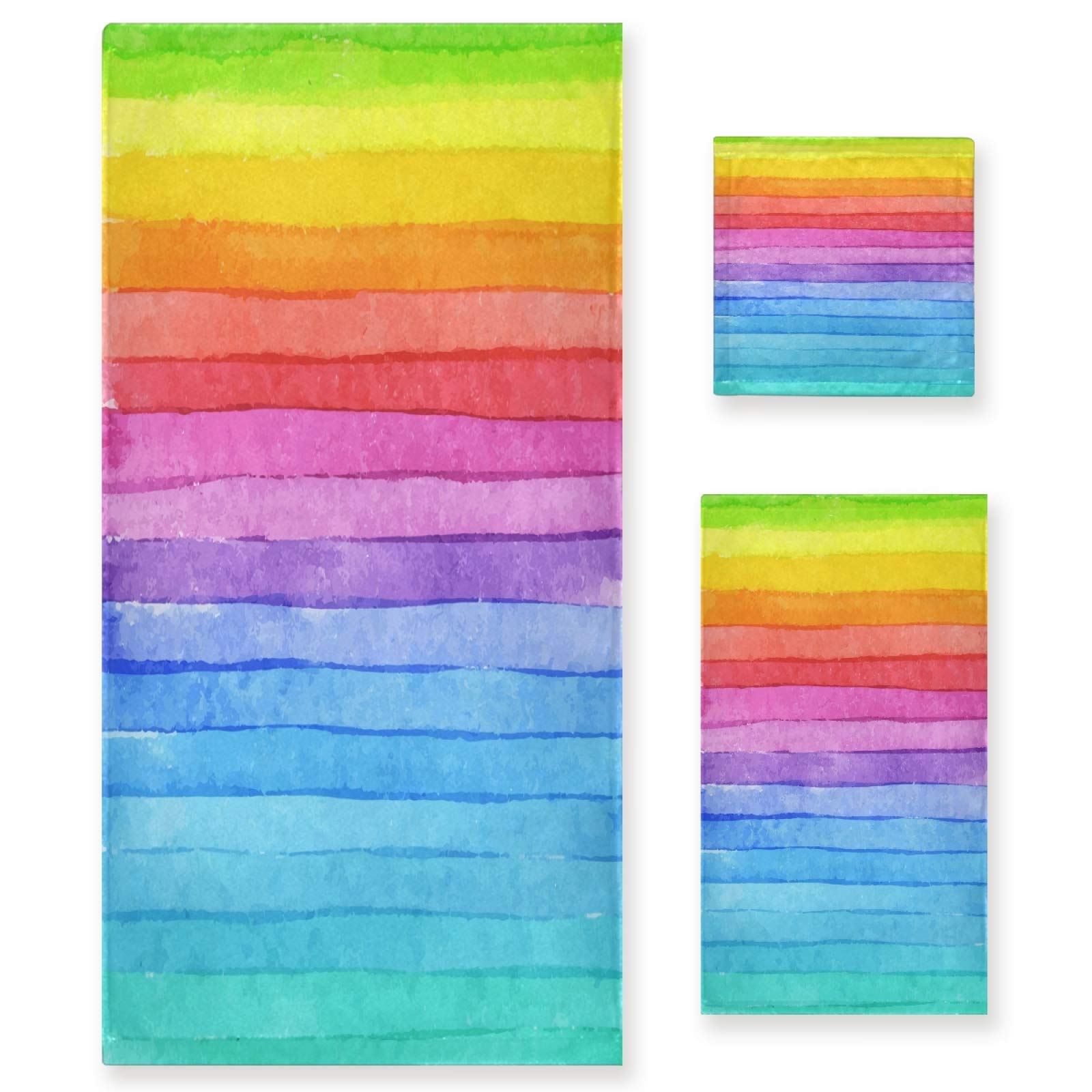 ALAZA 3-Piece Striped Rainbow Watercolor Bath Towel Set - 1 Bath Towel, 1 Hand Towel, 1 Washcloth | Ultra Soft & Absorbent Cotton Towels for Bathroom, Kitchen, Hotel, Gym, Spa & Swimming Pool | Perfect Home Essentials & Luxury Spa Experience