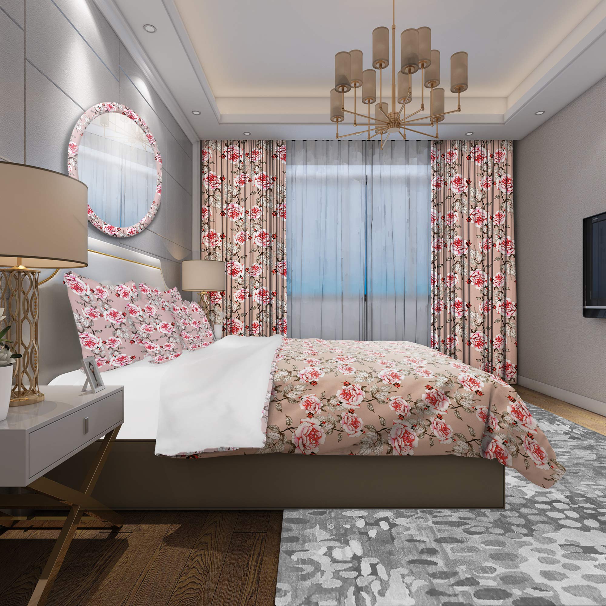 DesignQ Red Rose Pink Background Nautical Coastal Duvet Cover Set - King Size Floral Bedding 3-Piece All Season Comforter Set | Perfect for Beach House, Coastal Decor & Master Bedroom