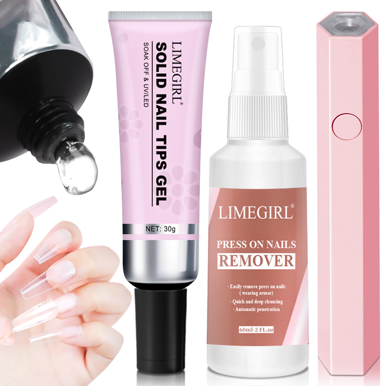 LIMEGIRL Professional Solid Nail Glue Gel Kit with UV Lamp & Nail Glue Remover - Long-Lasting 30+ Days Fake Nail Adhesive for Press On Nails, Salon Quality Manicure Set - Perfect for Home Nail Art, DIY Manicures & Professional Salon Use