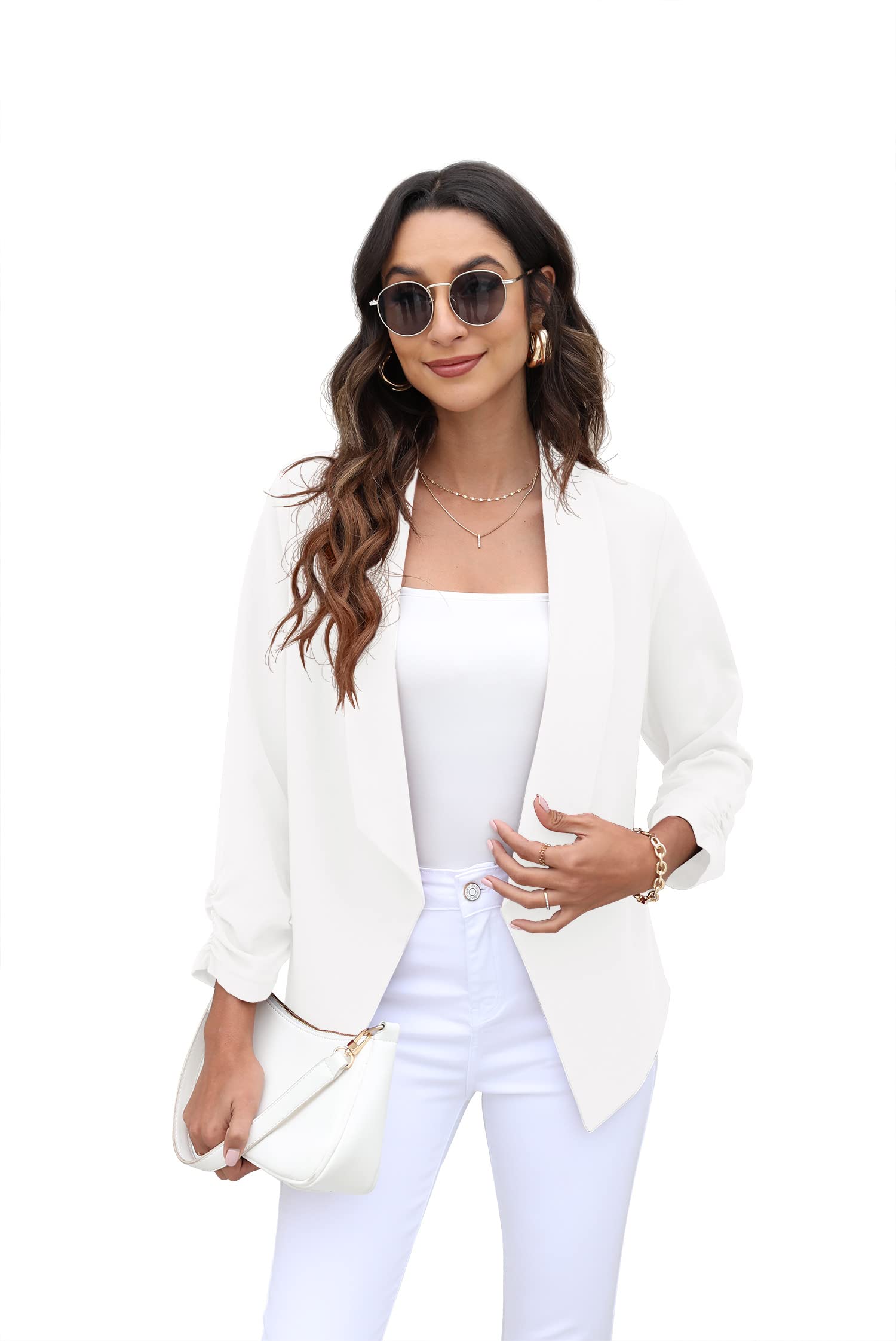 GRECERELLE Women's 3/4 Sleeve Fitted Blazer Jacket - Open Front Cardigan Style Cropped Suit for Office & Casual Wear | Perfect for Business Meetings, Work Attire & Smart Outfits