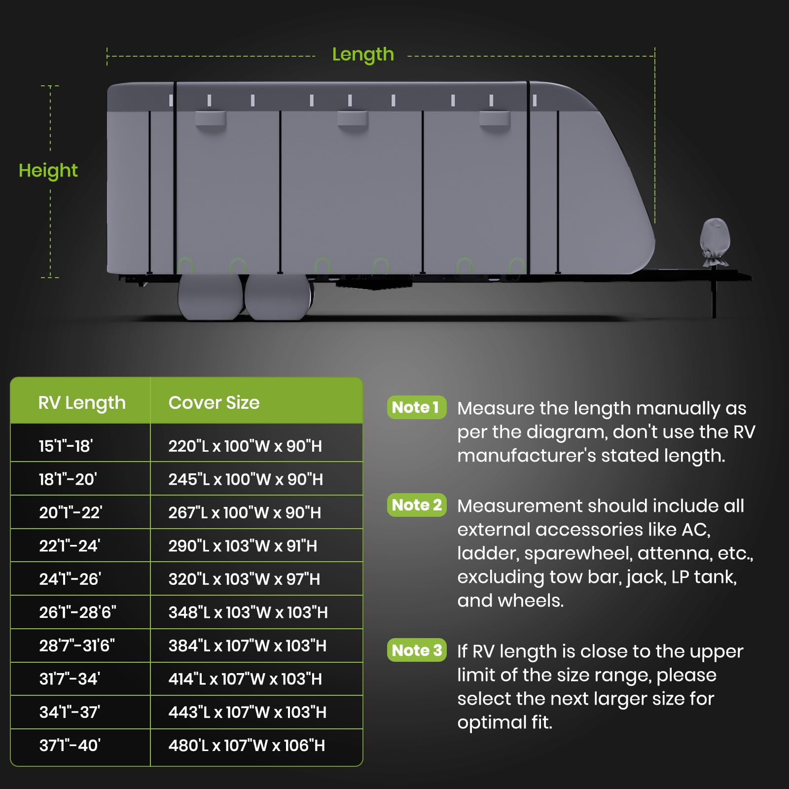 Heavy Duty Waterproof Windproof RV Travel Trailer Cover - 600D Oxford Fabric with Anti-Rip & UV Protection - Includes Tongue Jack Cover, Tire Covers & Gutter Covers - Fits 24'1