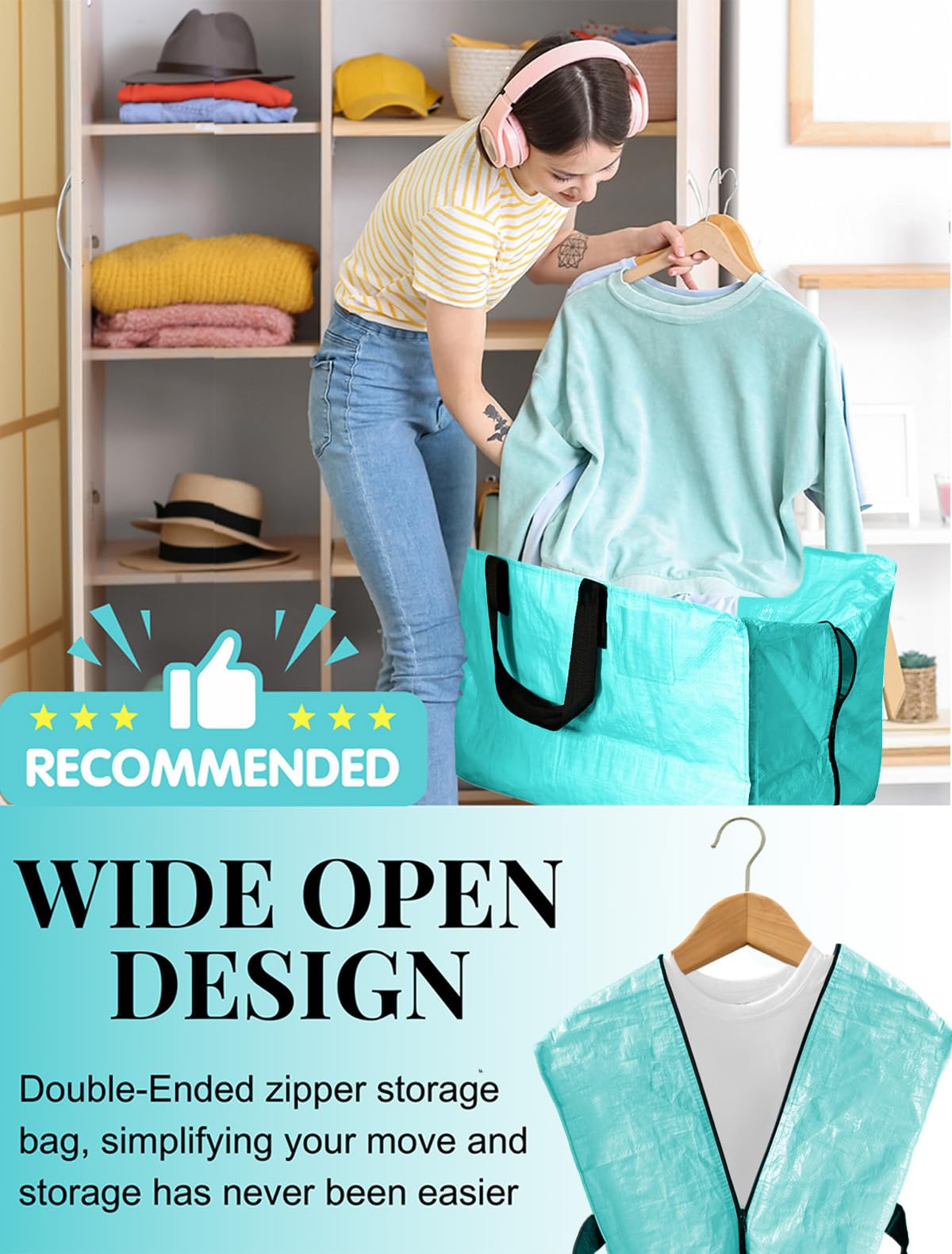 Extra Large Heavy Duty Moving Bags with Zipper & Backpack Straps - 2 Pack Durable Storage Totes for Clothes, College Moving Supplies & Packing - Perfect for Dorm, Travel & Home Organization (Ice Blue)