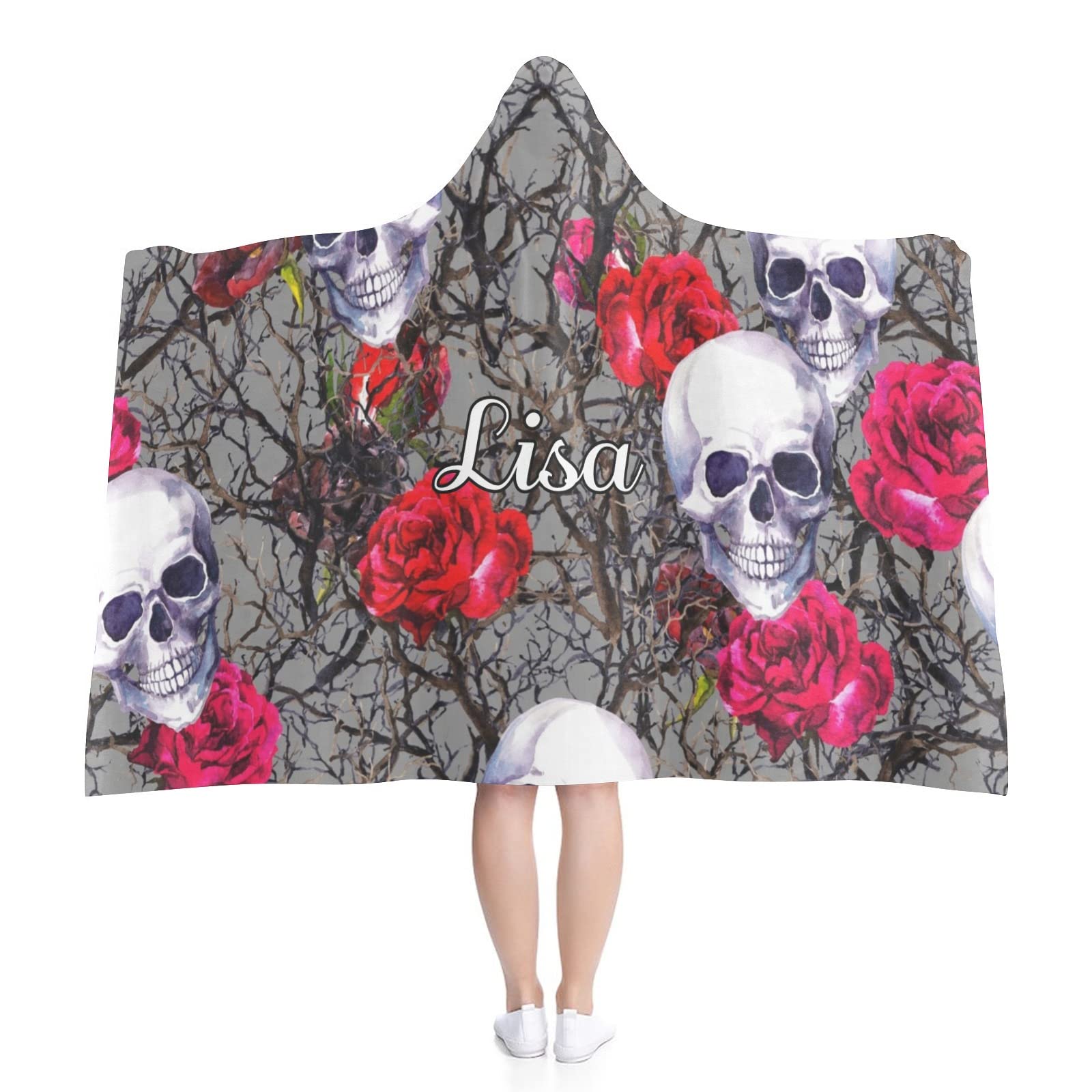 Personalized Skull Santa Hat Hoodie Blanket - Custom Name Wearable Throw Blanket for Adults & Kids - Cozy Cape Wrap for Christmas Gifts, Movie Nights & Winter Lounging