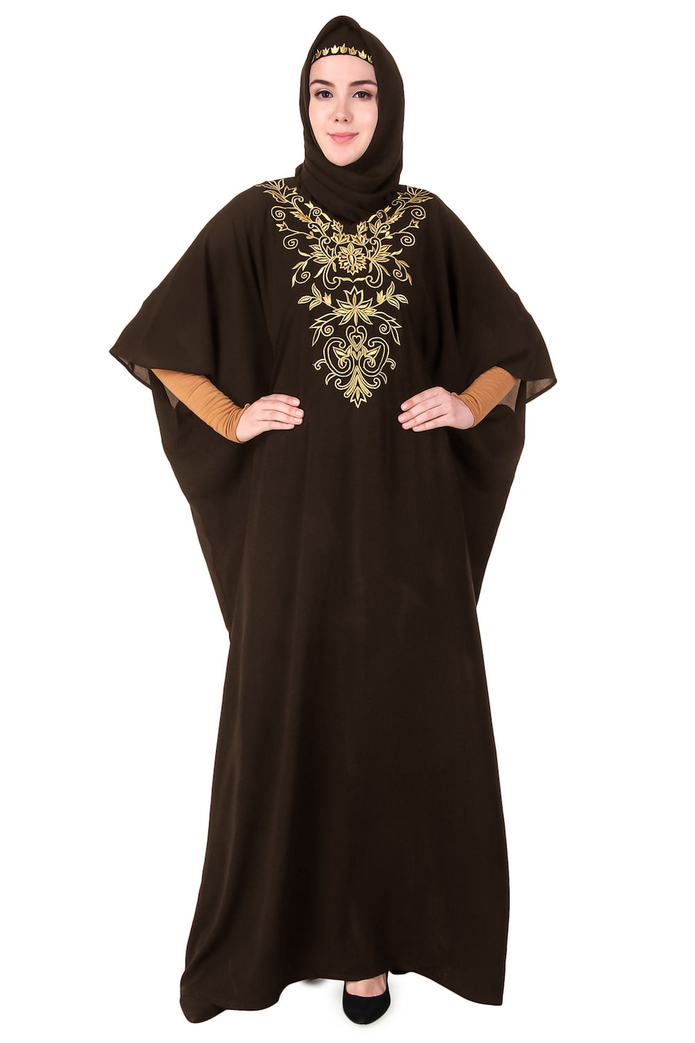 Embroidered Floral Gold Kaftan Dress for Women - Elegant Boho Maxi Dress for Beach, Party & Special Occasions