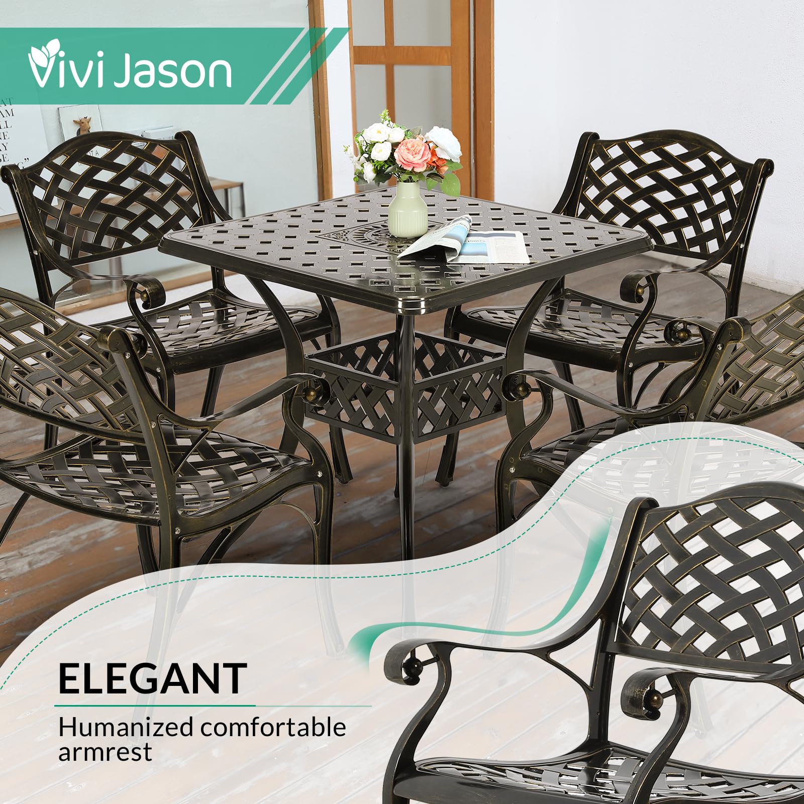 VIVIJASON 5-Piece Outdoor Patio Dining Set - All-Weather Cast Aluminum Conversation Set for Balcony, Lawn, Garden & Backyard - Includes 4 Chairs & 30.5” Square Table with Umbrella Hole - Perfect for Outdoor Entertaining, BBQ Parties & Relaxing in Your Yard