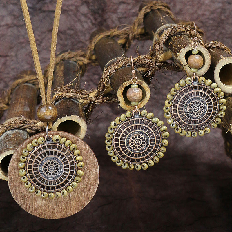 Vintage Ethnic Geometric Wood and Alloy Pendant Earrings Set - Boho Chic Jewelry for Women, Perfect for Parties, Weddings, and Everyday Wear