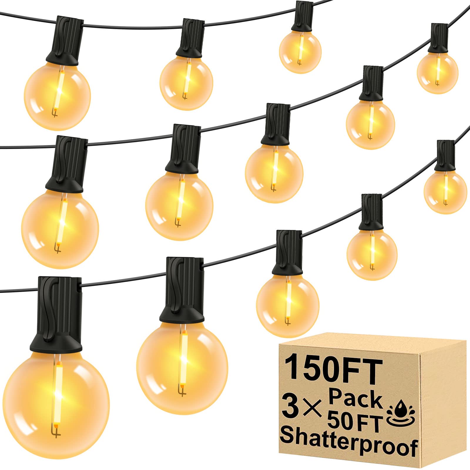 GHUSTAR 150FT Outdoor LED String Lights - 75 G40 Bulbs, 1W Dimmable Waterproof Shatterproof Patio Lights for Backyard, Garden, Wedding, Cafe & Bistro Decor | Perfect for Outdoor Parties, Restaurant Lighting & Romantic Ambiance