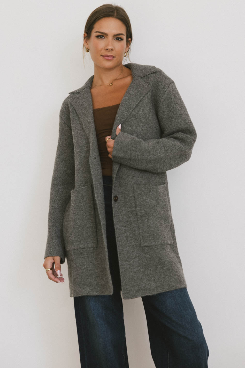Micha Knitted Cardigan Women's Chunky Cable Knit Sweater Coat - Charcoal Gray | Cozy Winter Fall Layering Piece for Casual Outfits & Office Wear