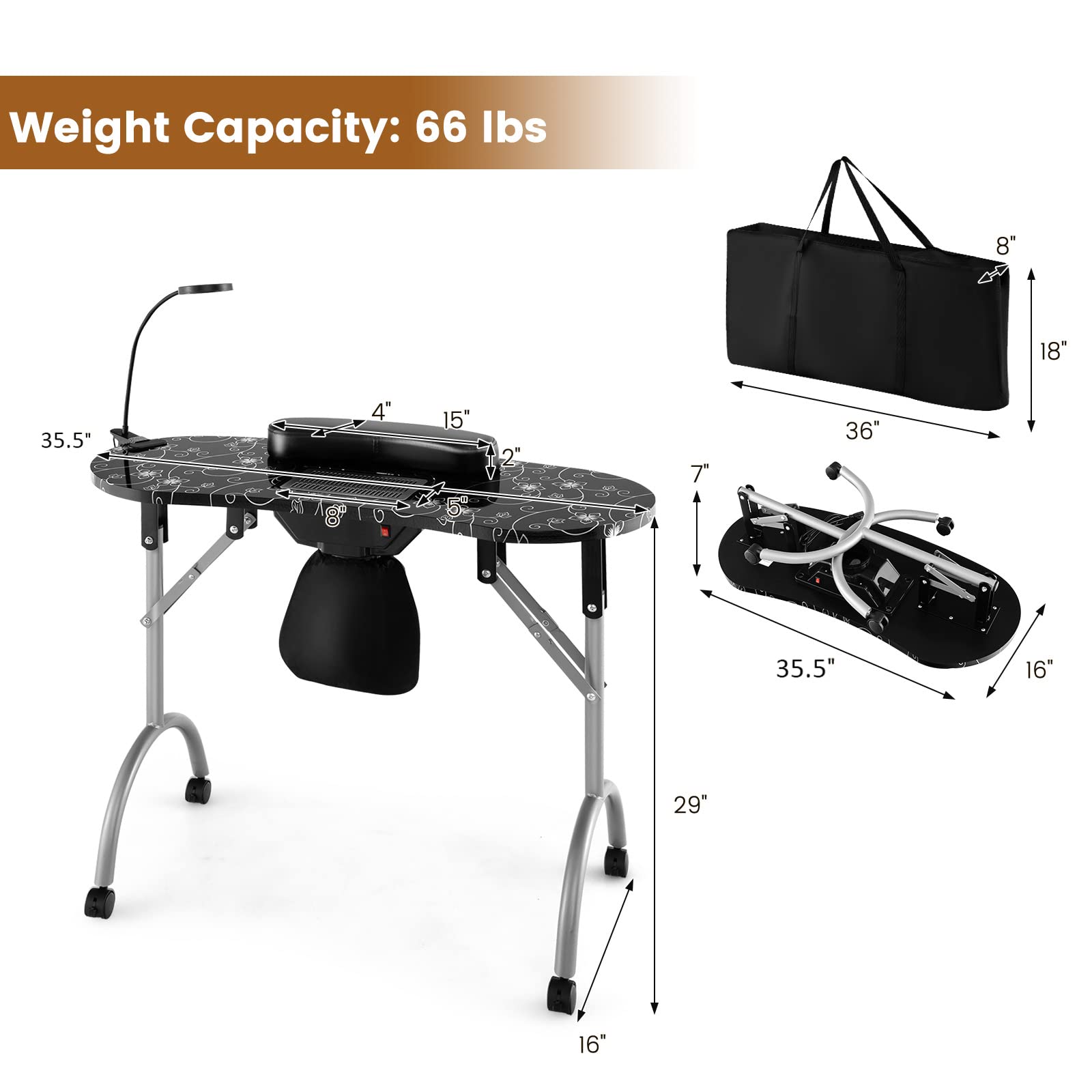 Giantex Professional Portable Nail Table for Manicurists - Electric Dust Collector, USB LED Lamp, Wrist Rest & 4 Lockable Wheels - Foldable Nail Tech Desk with Carry Bag (Black) | Perfect for Salon, Home Use & Mobile Nail Services