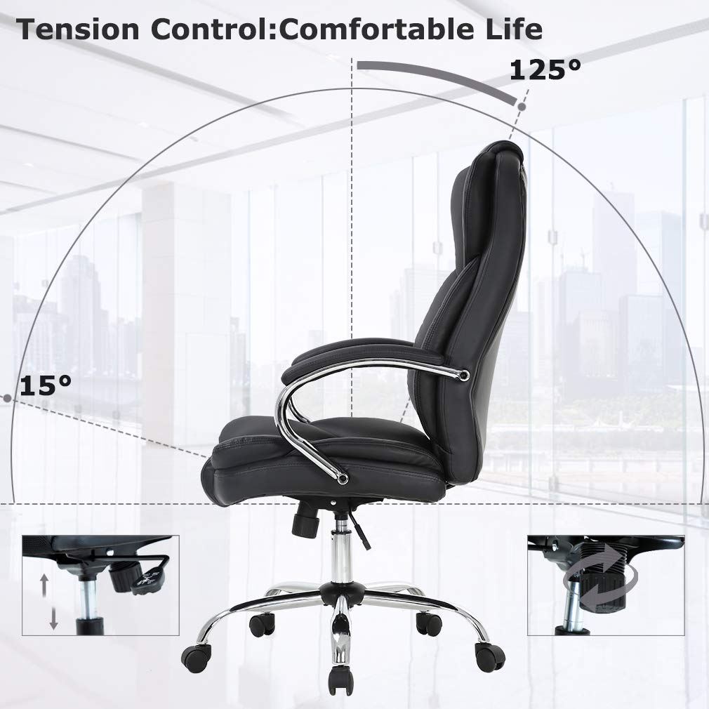 Ergonomic Office Chair - Adjustable High Back PU Leather Executive Desk Chair with Lumbar Support & Rolling Swivel Wheels - Black - Perfect for Home Office, Gaming Setup, and Computer Workstations