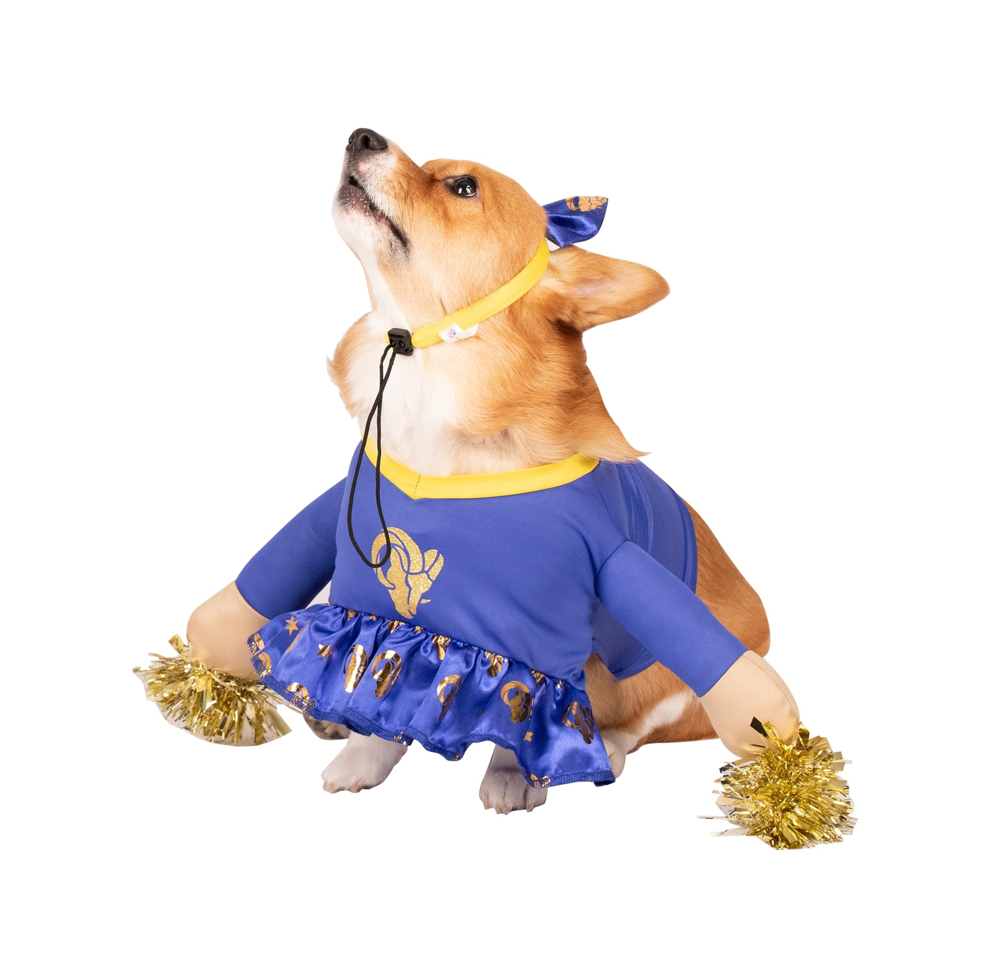 Official NFL Los Angeles Rams Cheer Dog Costume with Faux Stuffed Arms, Tinsel Pom-Poms & Satin Bow Headband – Large Size for Game Day, Pet Parties & Halloween