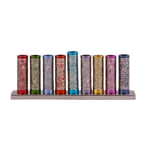 Yair Emanuel Hanukkah Menorah - 9 Multi-Colored Aluminum Candle Holder with Intricate Metal Cutouts for Chanukah - Fits Standard Hanukkah Candles - Perfect for Jewish Holiday Decor & Home Celebration