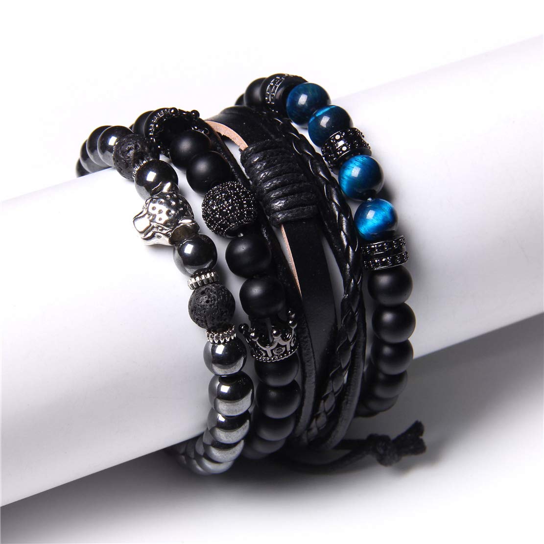 WAINIS Adjustable Braided Leather Bracelets for Men & Women - Tiger Eye & Lava Rock Beads, Woven Ethnic Tribal Rope Wristbands Set - Perfect for Yoga, Meditation, and Boho Fashion Accessories
