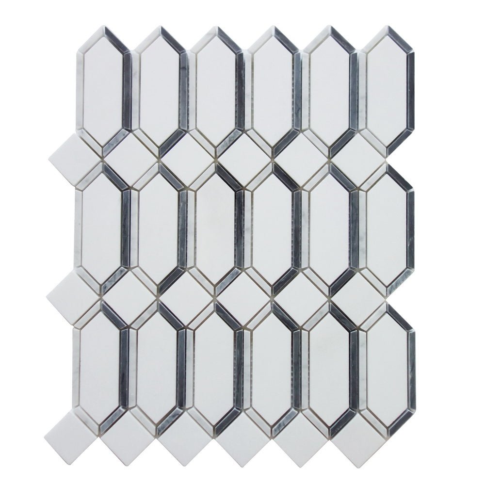 15x12x10mm Thasos White Elongated Hexagon Mosaic Tiles with Light Gray & Carrara White Border - Perfect for Kitchen Backsplash, Bathroom Walls, and Pool Designs