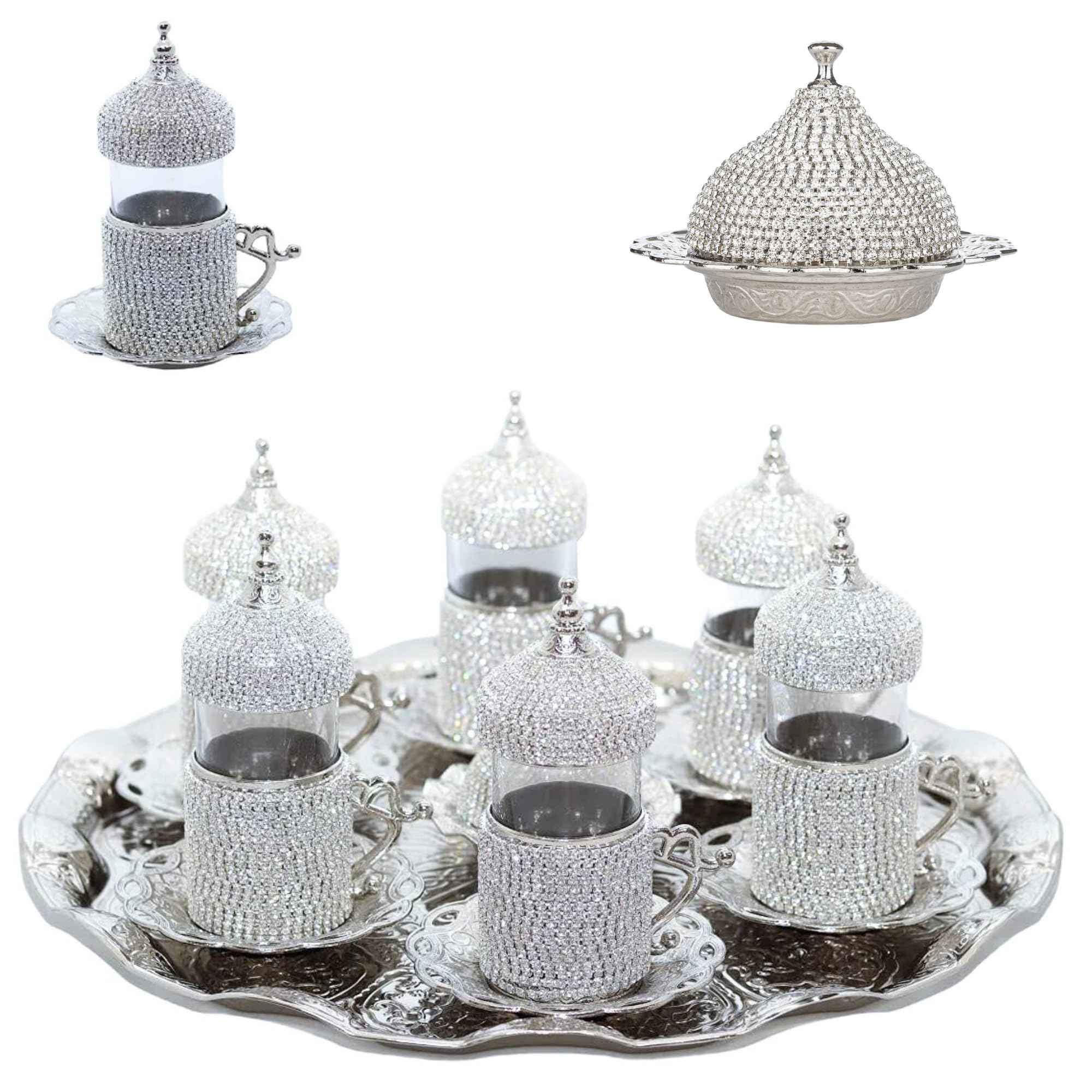 Premium Turkish Tea Glass Set with Crystal Embellishments - 6-Piece Set with Zamak Holders & Saucers (Silver) - Perfect for Home, Office & Traditional Tea Ceremonies