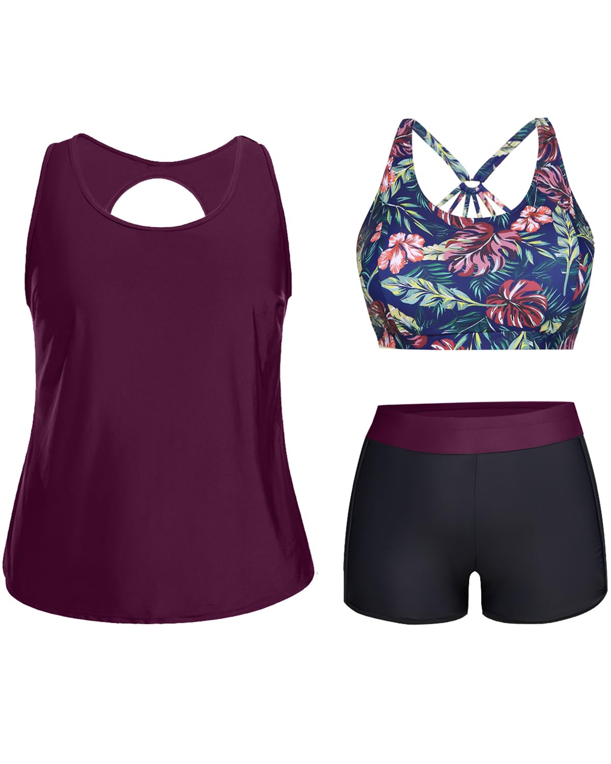 Holipick Women's Plus Size 3-Piece Tankini Swimsuits - Tummy Control Bathing Suit with Boy Shorts & Sports Bra Top - Flattering Swimwear for Beach, Pool & Vacation