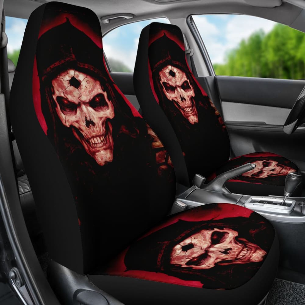 2 Pcs Gothic Skull Car Seat Covers - Universal Fit for Cars, Trucks & SUVs - Black PU Leather with Skull Design - Perfect for Halloween, Gothic Style & Car Enthusiasts