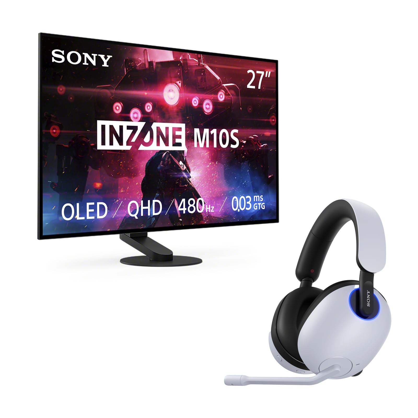 Sony INZONE H9 Wireless Gaming Headset with Noise Cancellation & INZONE M10S OLED QHD 480Hz Gaming Monitor - White | PC, PS5, Xbox Series X Gaming Setup for Immersive Esports Experience