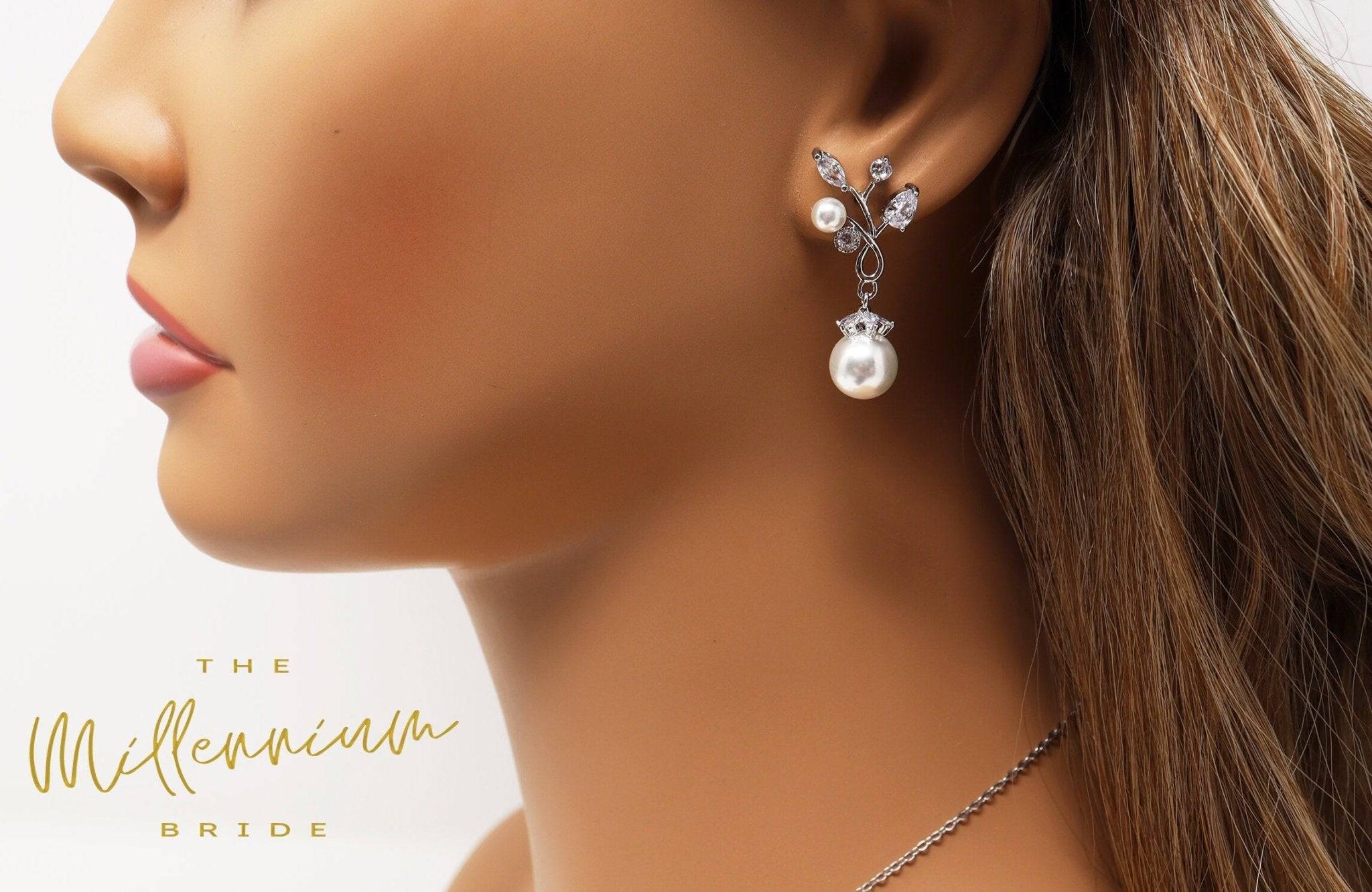 CZ Crystal Floral Pearl Vine Leaves Necklace Set - Elegant Bridal Jewelry with Matching Earrings | Perfect for Weddings, Prom, Evening Gala & Special Occasions