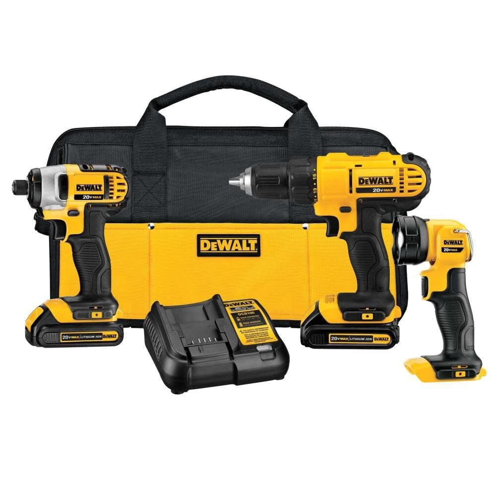 DEWALT 20V MAX Cordless Drill/Driver Kit with LED Work Light - 3-Tool Combo Set Includes 2 Batteries & Charger (DCK340C2) - Perfect for DIY Projects, Home Repairs & Professional Construction Work