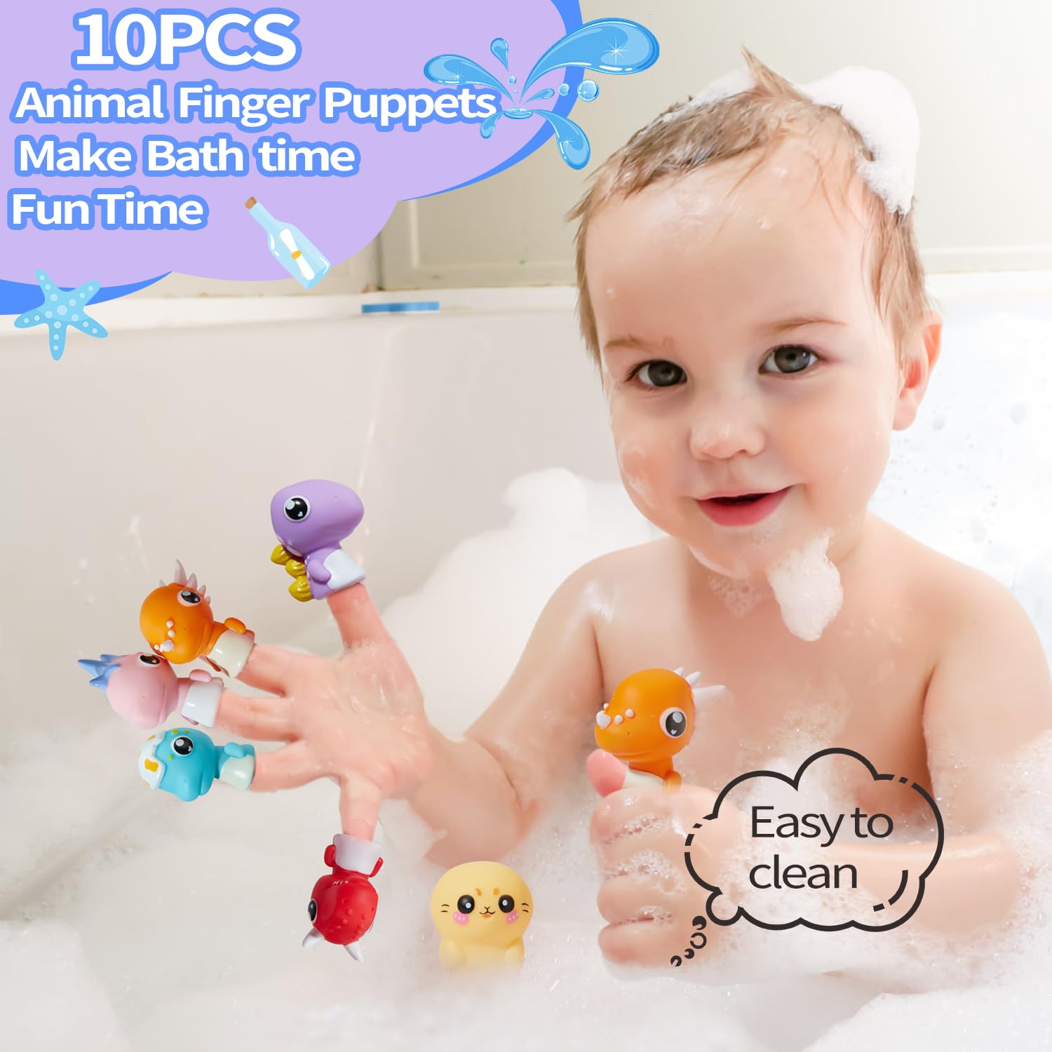 14 PCS Silicone Baby Bath Toys with Rubber Animal Finger Puppets - Safe, Easy to Clean Water Toys for Toddlers | Perfect Gift for Preschool Boys & Girls | Fun Bathtime Play & Early Learning
