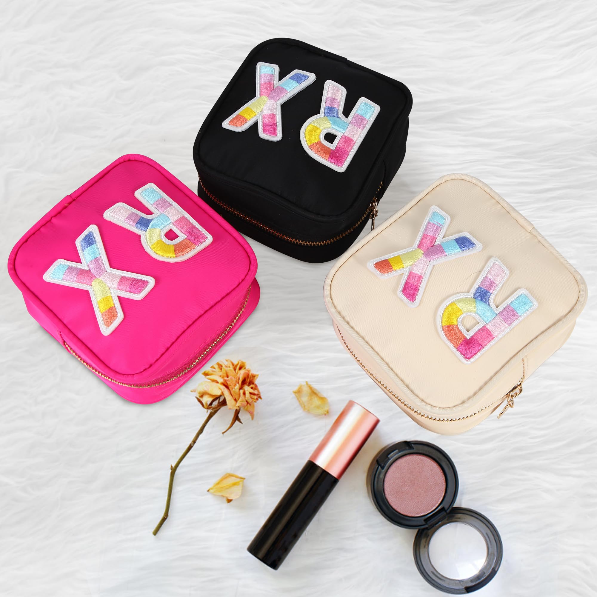 Personalized Embroidered Alphabet Medicine Bag for Women & Girls - Zippered Nylon Travel Pouch for Vitamins, Makeup & Essentials (Rose) - Perfect for Daily Organizer, Travel & Gym Accessories