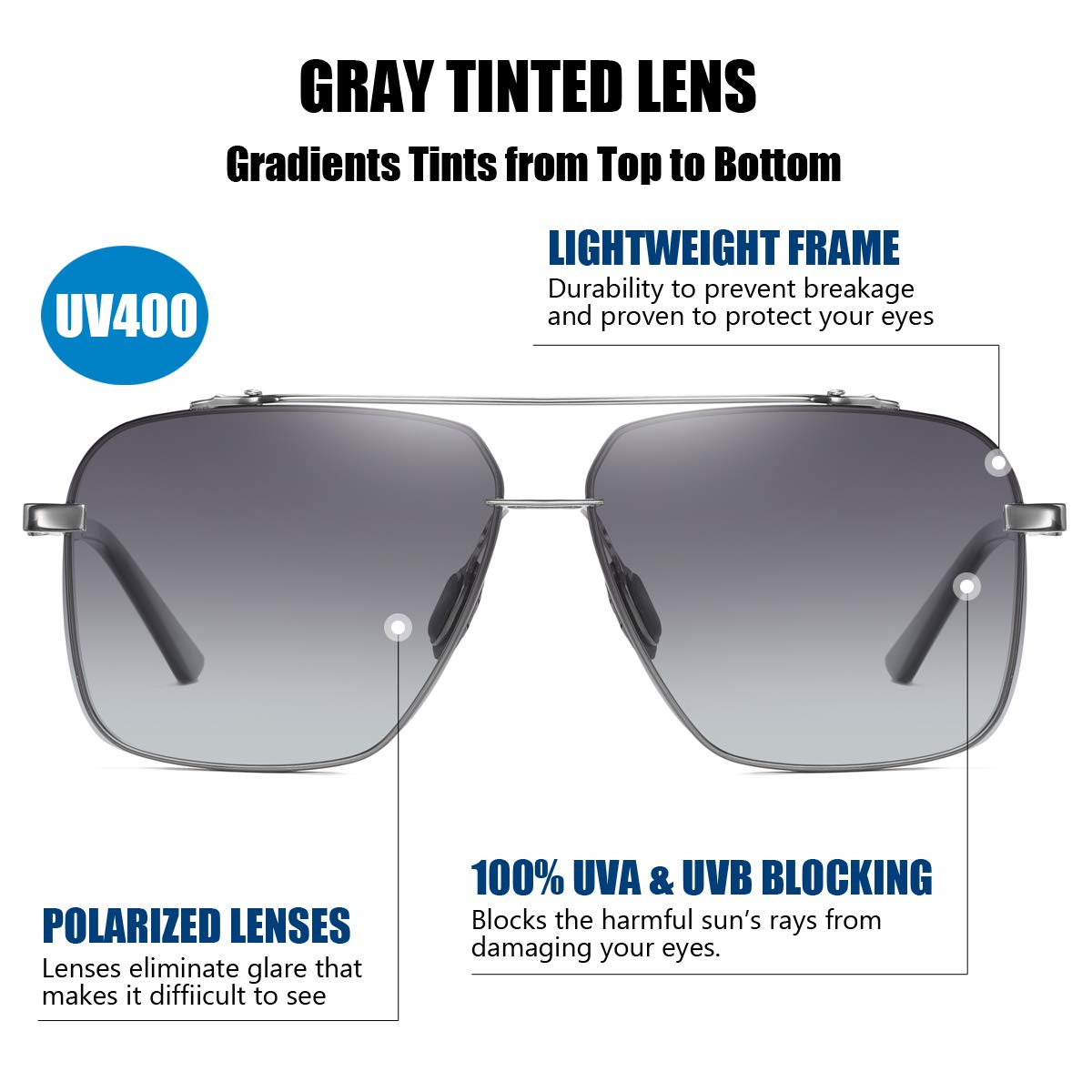 Polarized Aviator Sunglasses for Men - Oversized Square Metal Frame - Gradient UV400 Protection Lenses - Perfect for Driving, Fishing & Outdoor Activities