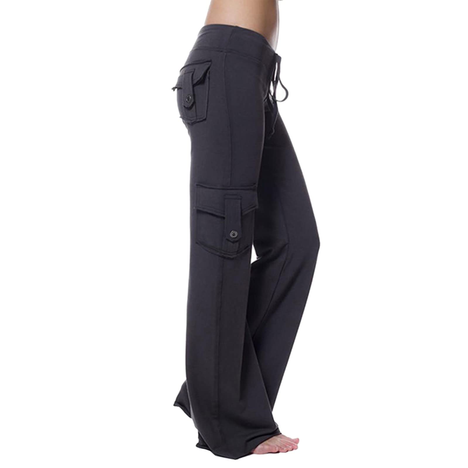 iOPQO Women's Knit Casual Cargo Jogger Pants - Elastic Waist, Wide Leg with Pockets (Black, Size L) | Perfect for Yoga, Lounge & Everyday Wear