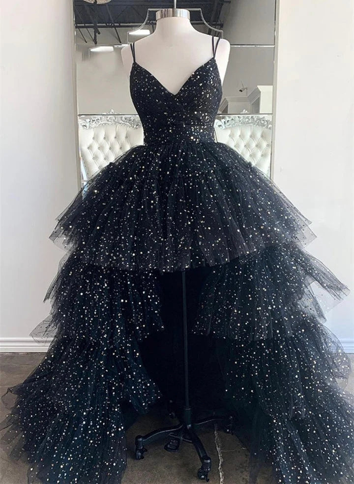 Elegant Black High-Low V-Neck Tulle Prom Dress with Layers - Perfect for Formal Events, Homecoming & Evening Parties