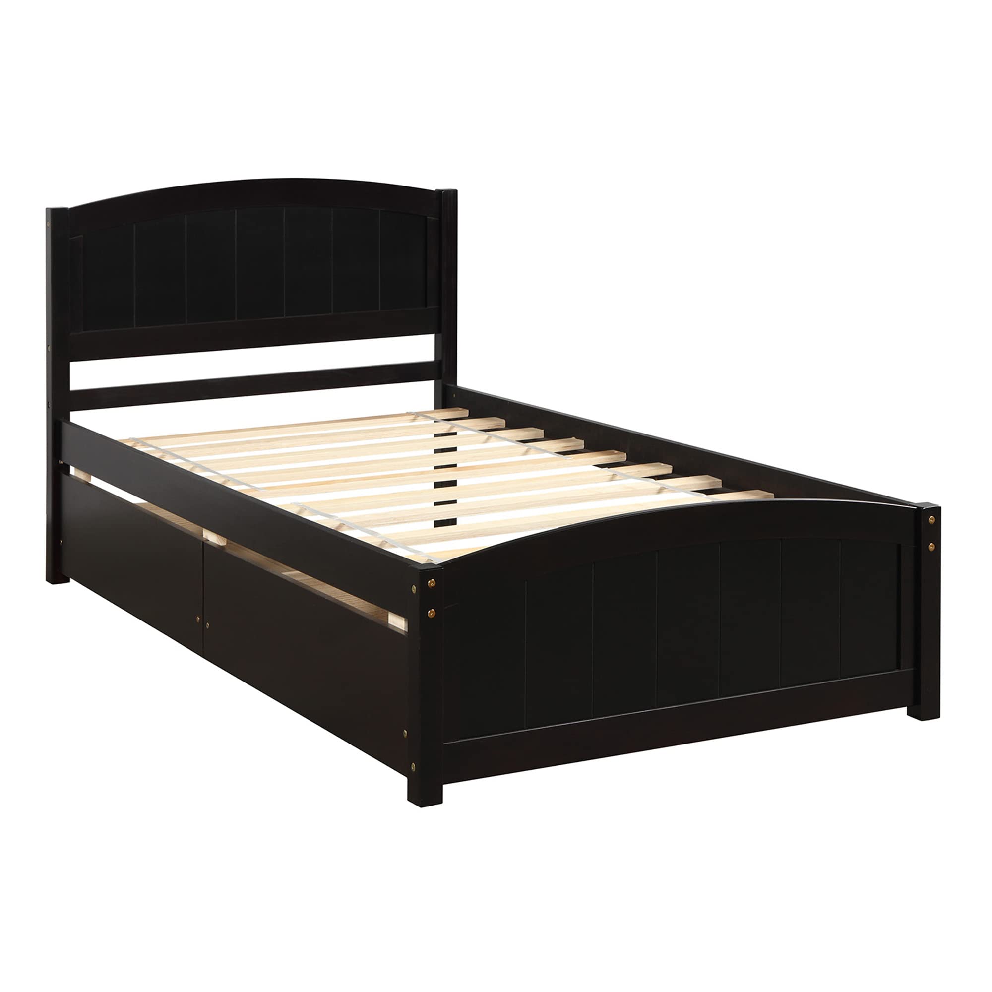 Twin Platform Bed Frame with 2 Storage Drawers - Space Saving Minimalist Pine Wood Bed (Espresso Finish) - Perfect for Small Bedrooms, Dorms & Studio Apartments