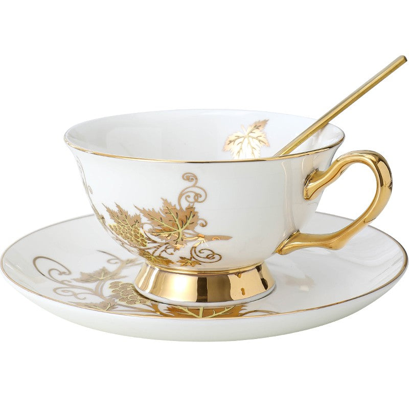 Premium British Ceramic Coffee & Tea Cups Set - Golden Leaves & Grapes Bone China Porcelain with Saucer - Elegant Tea Time Gift Box - Perfect for Afternoon Tea, Bridal Showers & Home Decor