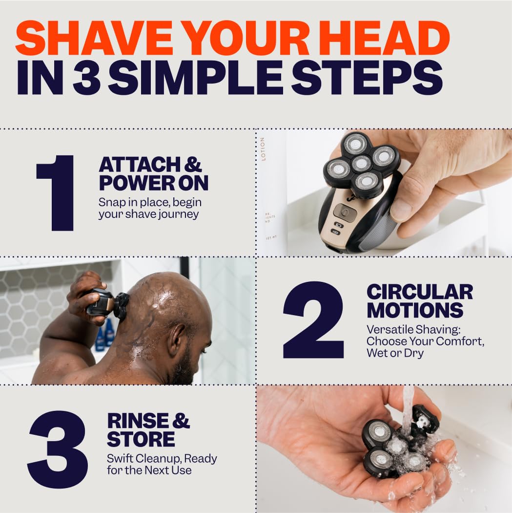 Freebird FlexSeries™ Electric Head Shaver with 5 Flexible Blades - Water-Resistant USB Rechargeable Shaver for Men & Women, Includes 2 Blade Refills - Perfect for Bald Head Shaving at Home or Travel