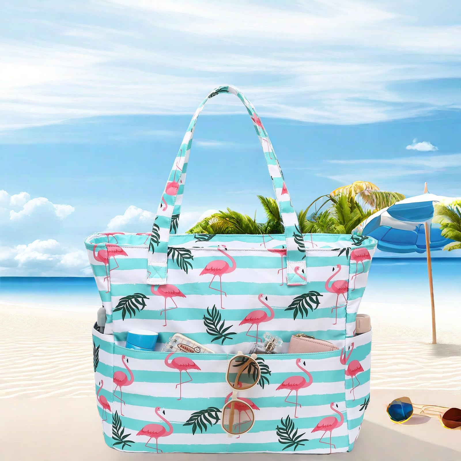 Waterproof & Sandproof Beach Tote Bag for Women - Large Zippered Pool Bag with Wet Pocket - Perfect for Gym, Grocery Shopping, Travel & Beach Outings