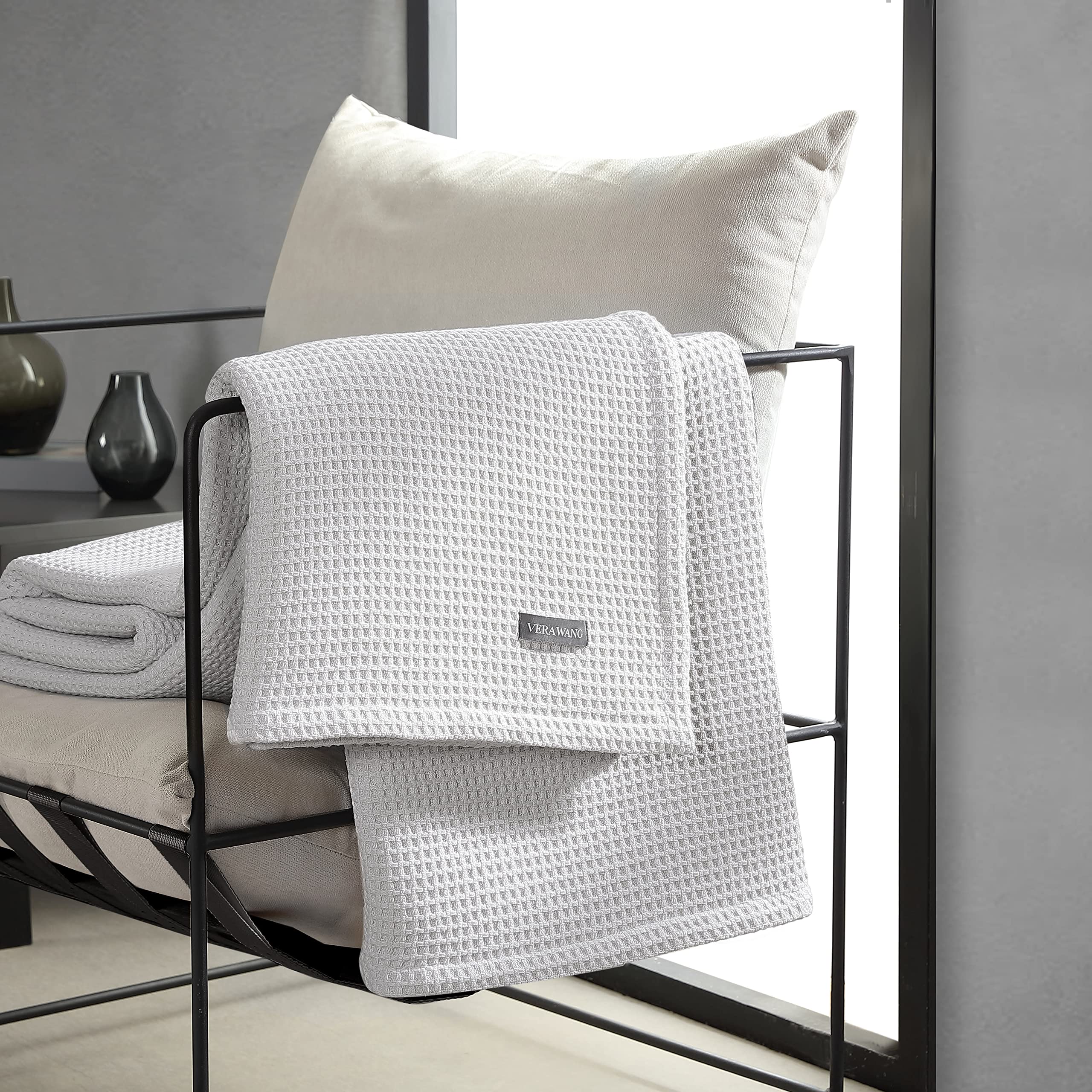 Vera Wang Luxury Twin Size Waffle Weave Blanket - 100% Premium Cotton Super Soft Bedding for Cozy Comfort (Waffleweave Grey) - Perfect for Bedroom, Sofa, Travel & Gift Giving