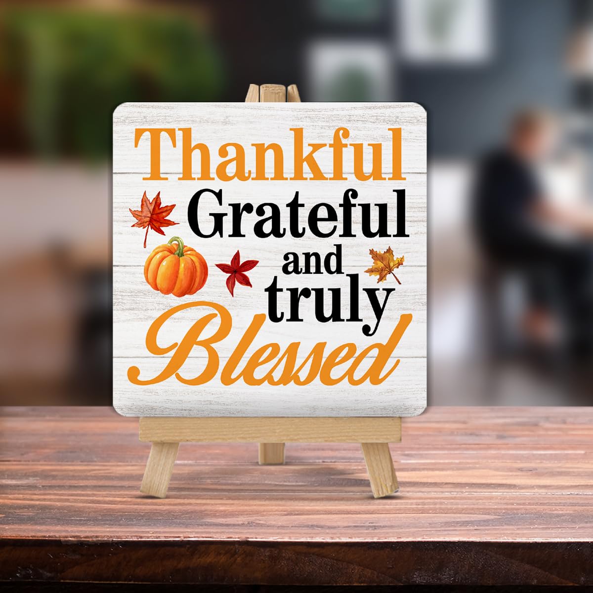 Thanksgiving Wood Sign - Thankful Grateful Blessed Home Decor with Easel Stand | Fall & Thanksgiving Table Decorations for Desk, Shelf, Tiered Tray | Perfect for Holiday Centerpieces, Mantel Decor & Seasonal Home Styling