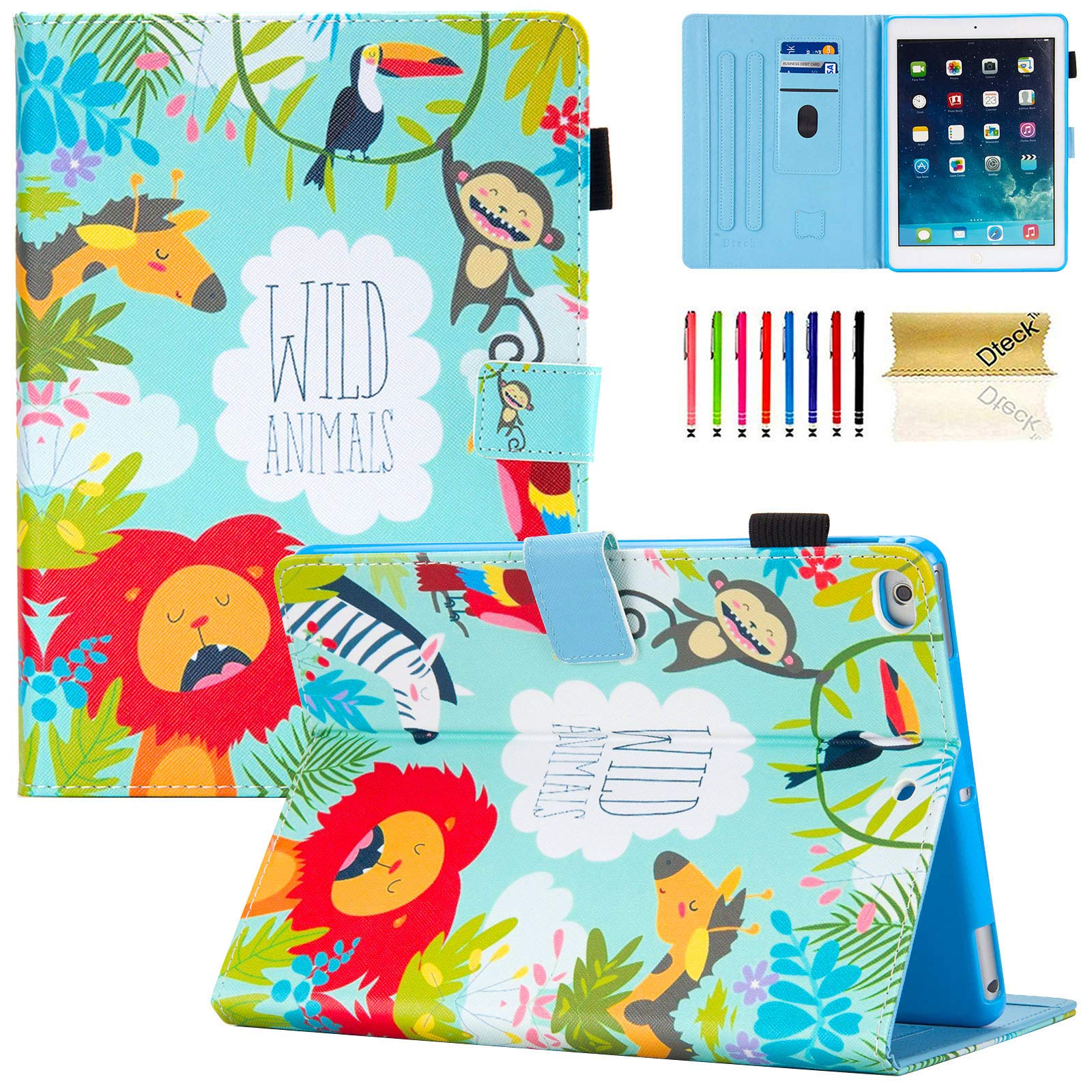 Dteck Protective Case for iPad 9.7 (2017/2018), iPad Air 1/2 - Multi-Angle Stand, Corner Protection, Auto Sleep/Wake | Compatible with iPad 6th/5th Gen & iPad Air 1/2 | Wild Animals Design | Perfect for Work, Travel & Home Use