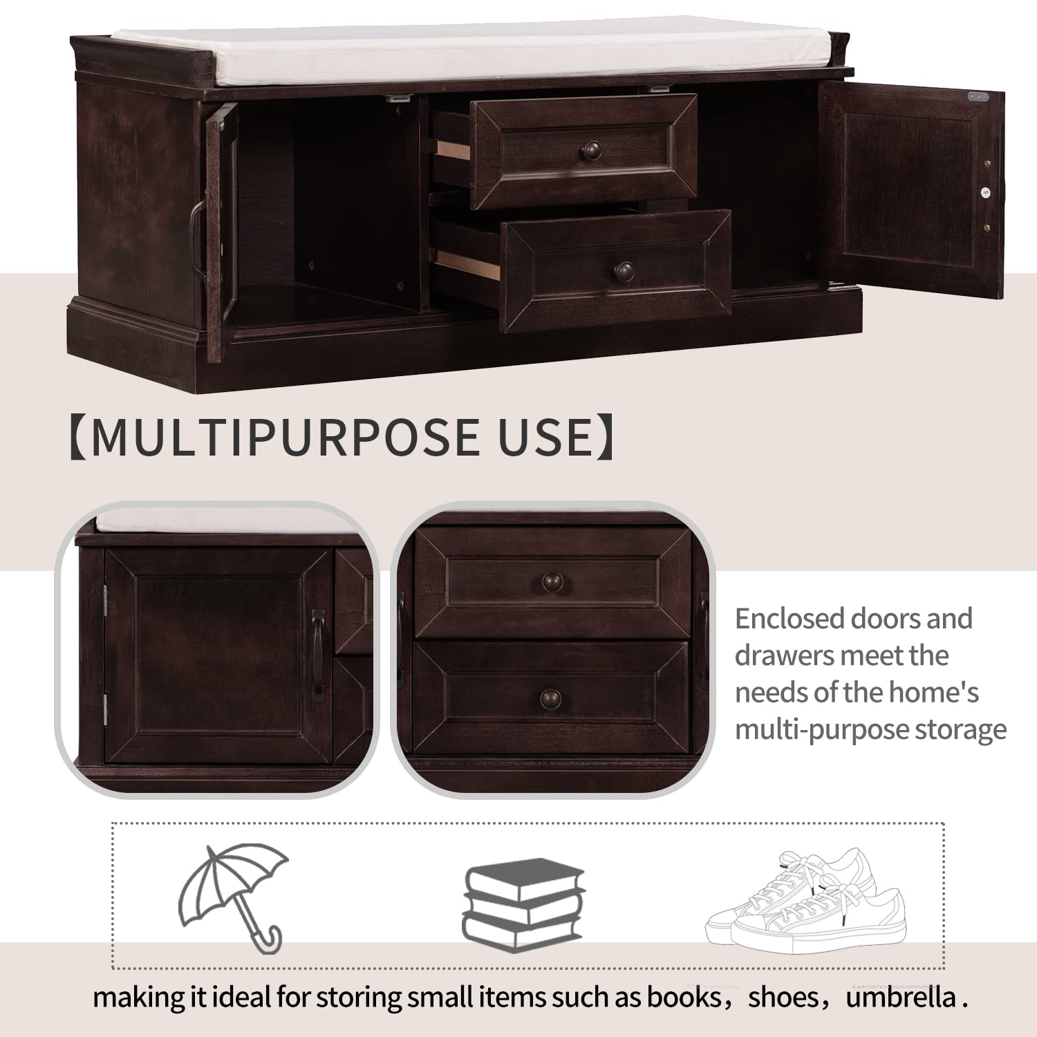 Solid Wood Storage Bench with Drawers & Cabinets - Entryway Shoe Bench for Living Room & Hallway