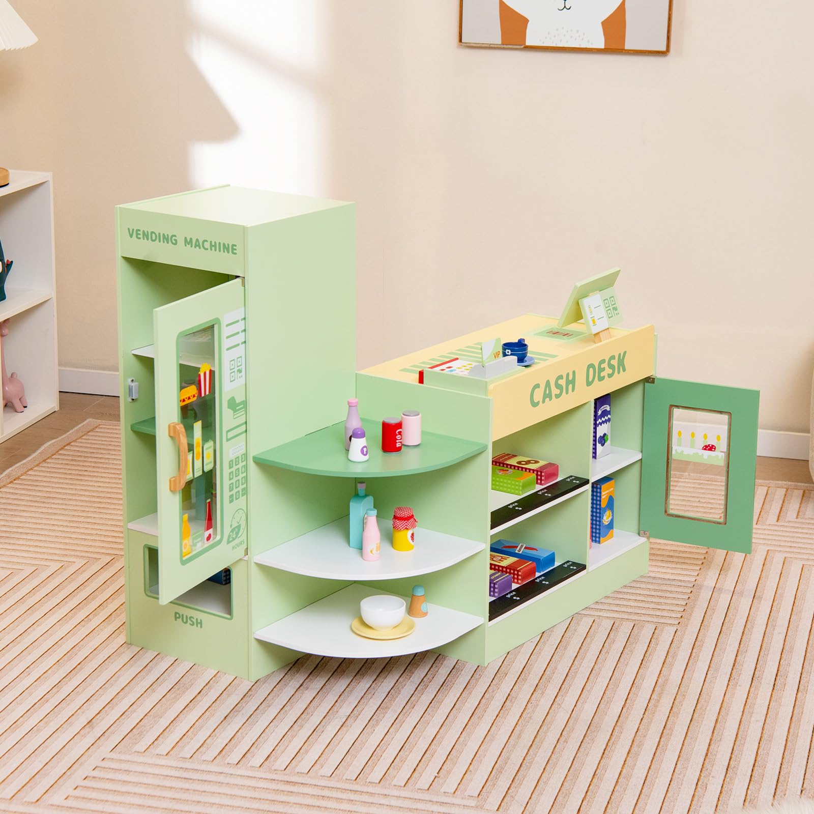 GLACER Wooden Pretend Play Grocery Store Set for Kids Ages 3-8 - 15-Piece Playset with Cash Register, POS System, Vending Machine & Chalkboard - Educational Toy for Boys & Girls - Perfect for Role Play, Preschool Learning & Birthday Gifts