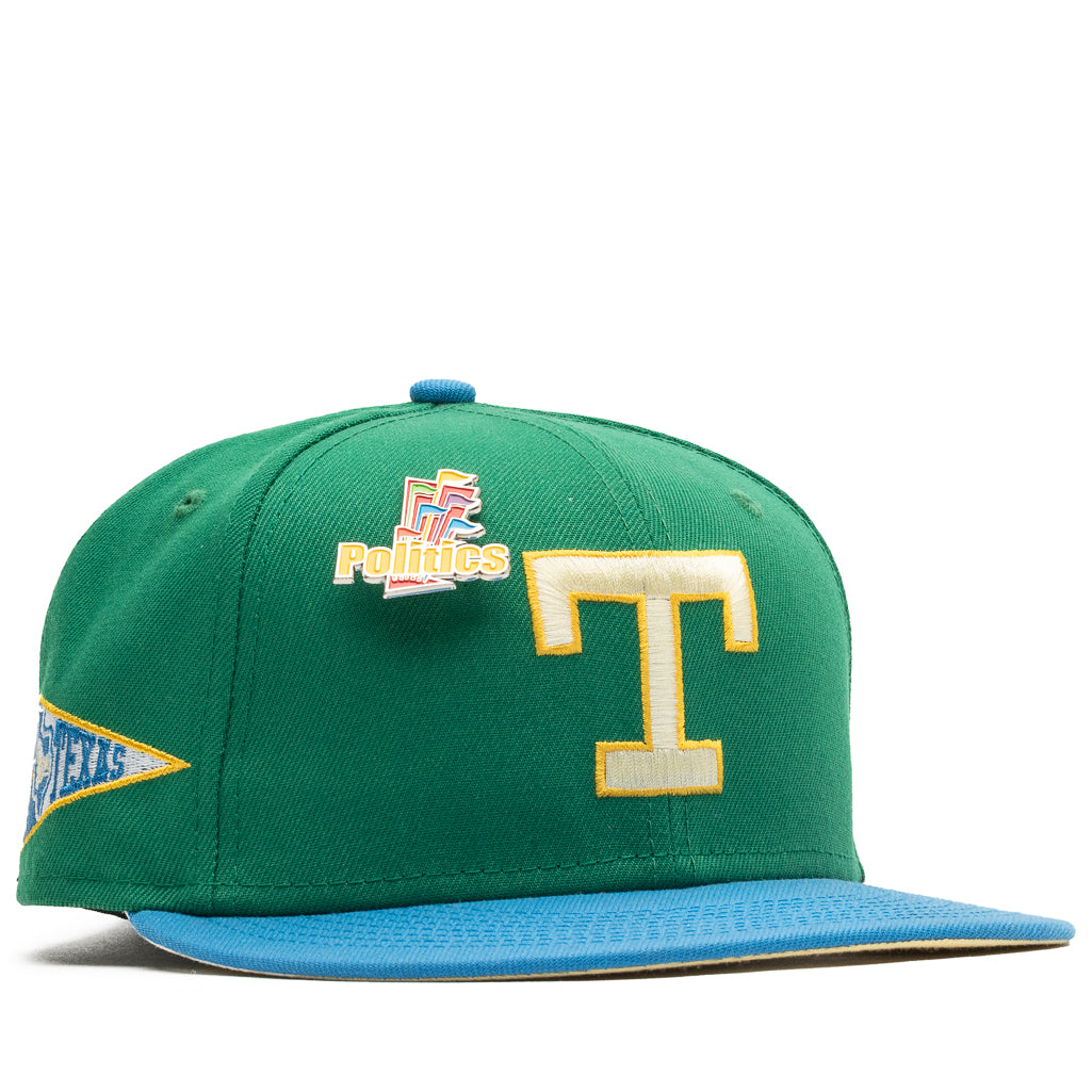 New Era x Politics Texas Rangers 59FIFTY Fitted Hat - Botanical Green/Air Force Blue - Official MLB Baseball Cap for Men & Women - Perfect for Sports Fans, Games & Casual Wear