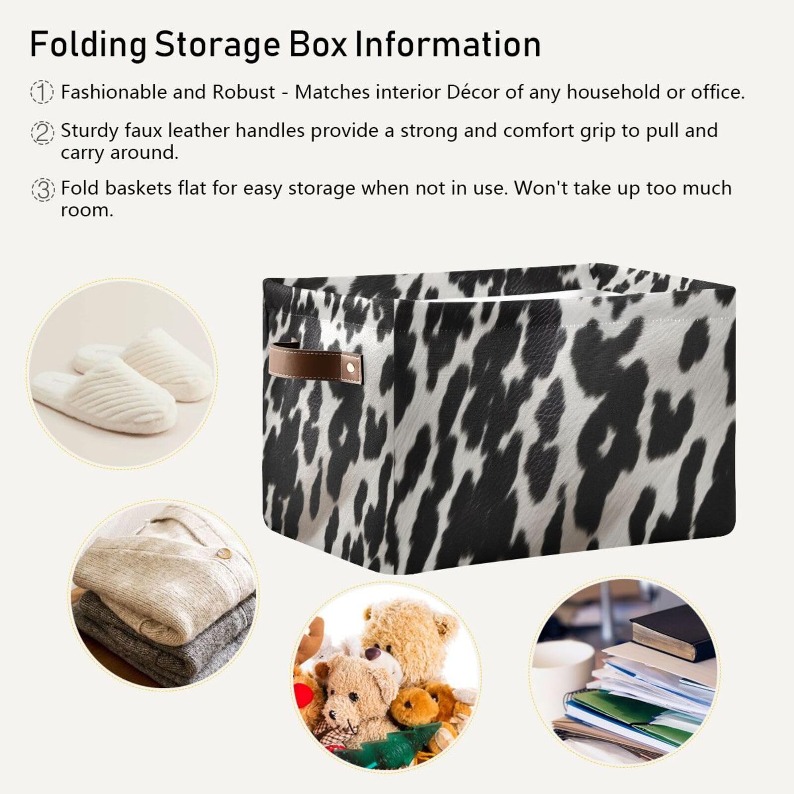 Cow Print Storage Baskets - Foldable Canvas Fabric Organizer Box with Handles - 2 Pack Rectangle Clothes Storage Bins for Home, Office, Closet & Shelves - Perfect for Bedroom, Laundry Room & Kids Room Organization