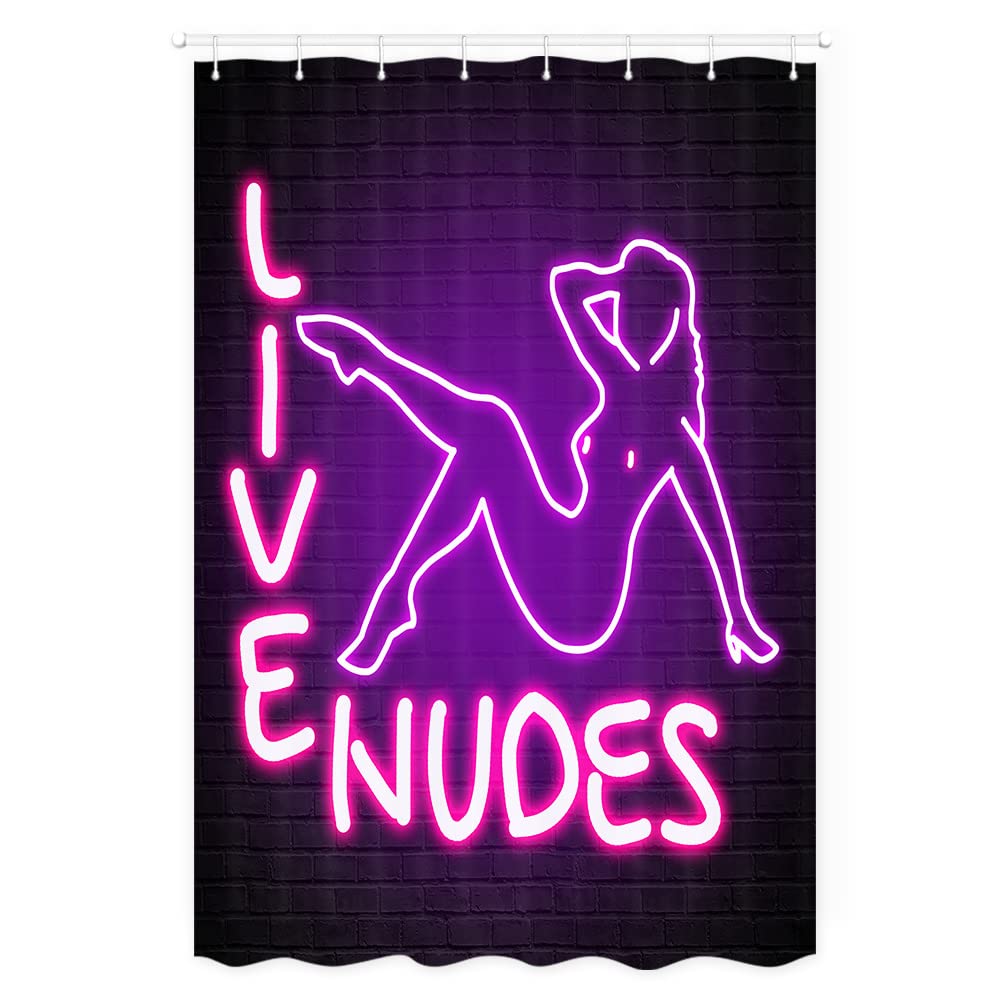 Funny Live Nudes Shower Curtain Set - Waterproof Bathroom Decor with 12 Hooks | Neon Sign & Sexy Girl Design for Blue/Red Brick Wall | Perfect for Themed Bathrooms, Bachelor Pads & Unique Home Decor