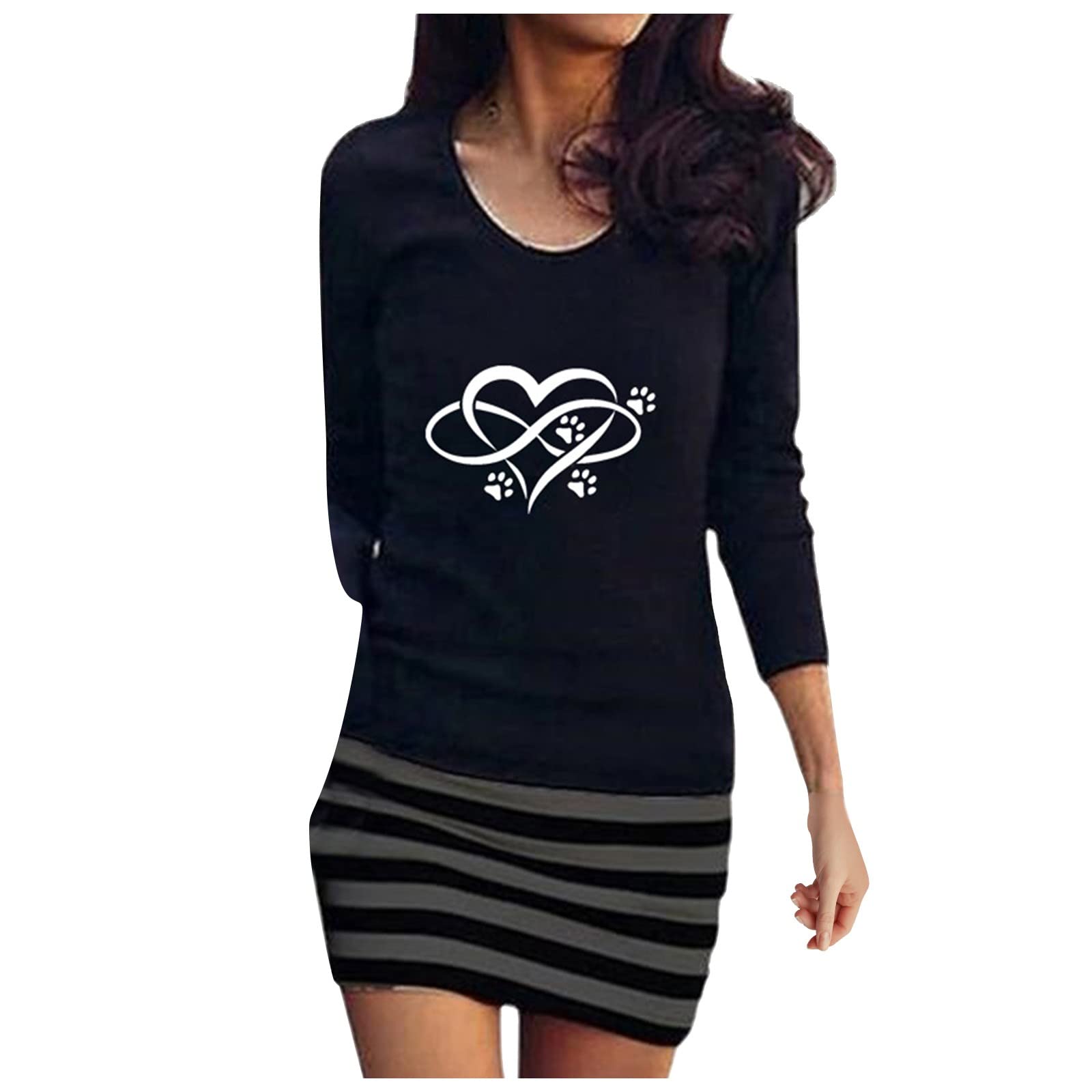 2022 Women's Summer Fashion Dress - Cute Cat Palm Print Round Neck Long Sleeve Striped Dress for Women (Sizes S-5XL) | Perfect for Beach Vacation, Date Night & Casual Outings