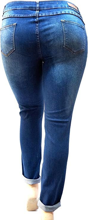 Jack David Women's Plus Size Ripped Destroyed Blue Denim Roll-Up Distressed Jeans - Trendy Casual Pants for Everyday Wear, Street Style & Outfit Pairing
