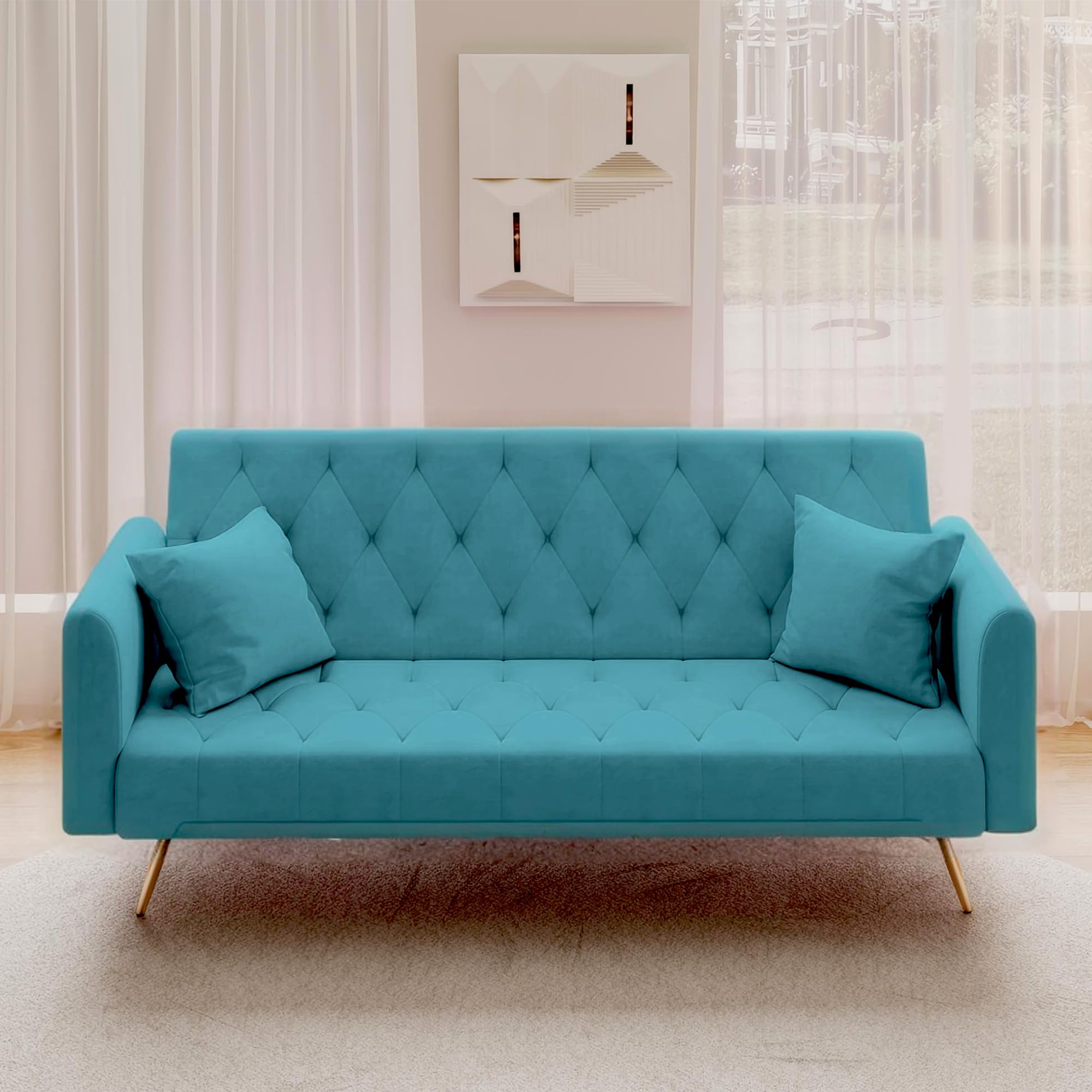 Modern Velvet Sofa Bed Futon - 2-in-1 Convertible Sleeper Couch with Golden Metal Legs & 2 Pillows - Space-Saving Folding Recliner Loveseat for Small Apartments, Living Room, Office, Guest Room (Pale Blue) - Perfect for Studio Living, Overnight Guests & Multi-Functional Spaces