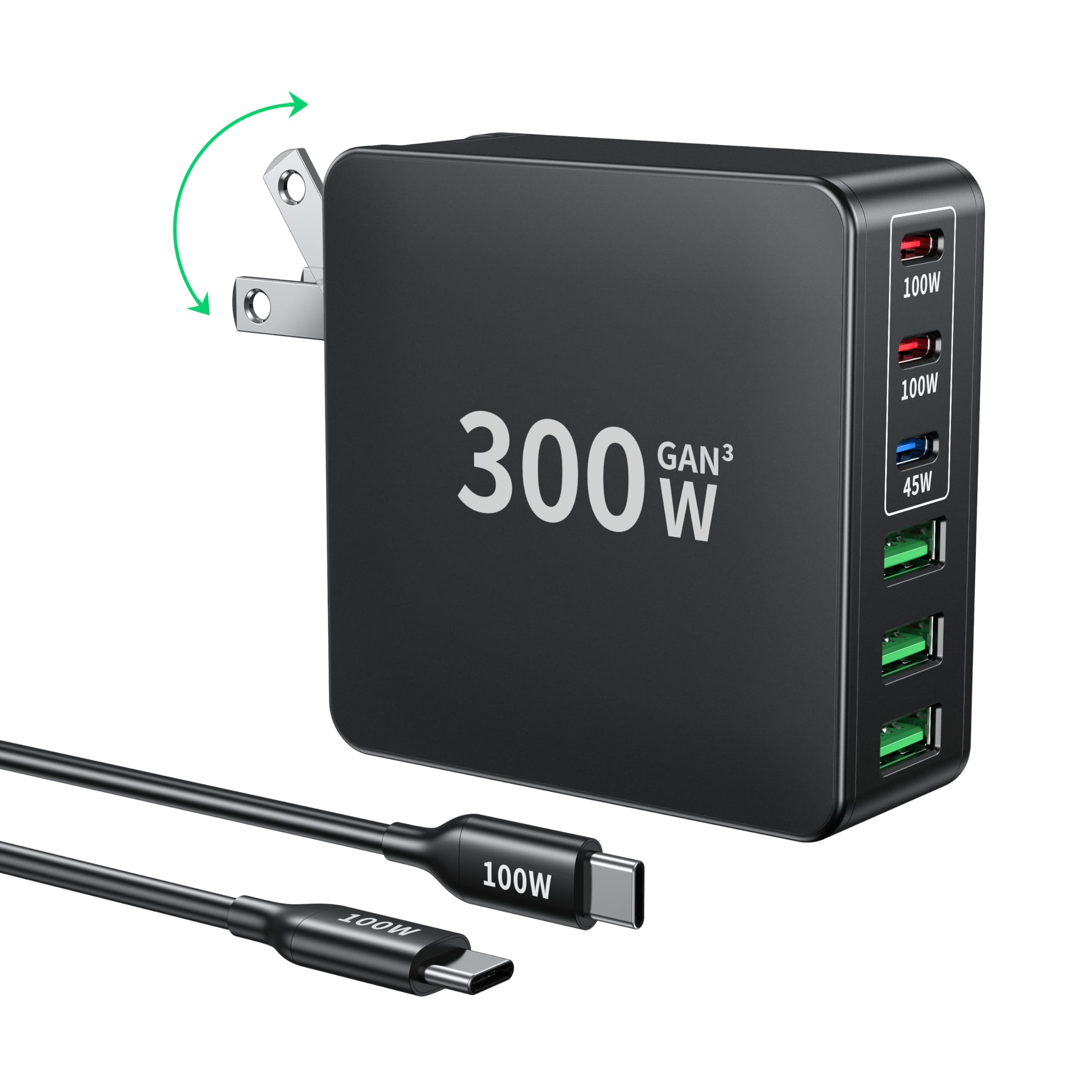 300W USB C Charger 6-Port Fast Charging Station with PD PPS 100W - Foldable Power Brick for Laptop, iPhone 16/15/14/13 Pro Max, Galaxy Note & More - Perfect for Home, Office & Travel