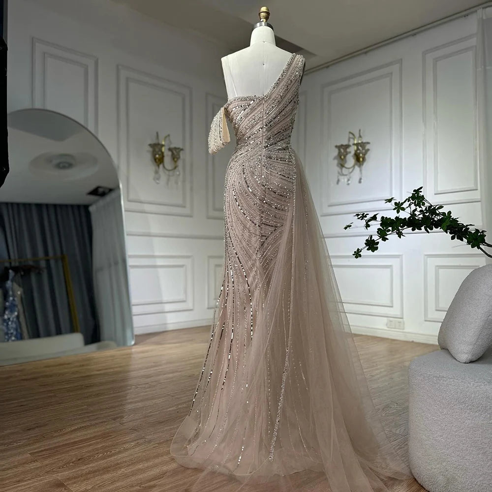 Elegant One Shoulder Beaded Long Evening Dress - Dubai Arabic Pink Mermaid Gown for Prom, Wedding & Formal Occasions | LA72662A