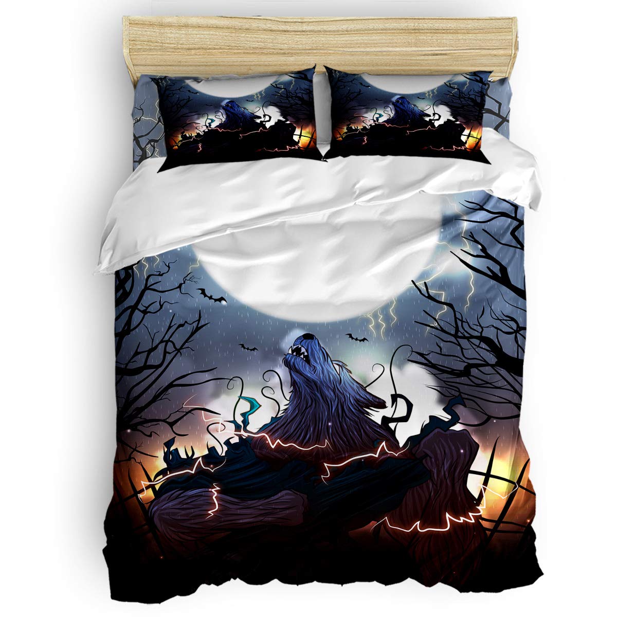 Halloween Werewolf Duvet Cover Set - Full Size 4-Piece Horror Thunderstorm Night Bedding | Ultra Soft Microfiber Breathable Comforter Cover for Kids & Adults | Perfect for Spooky Bedroom Decor & Themed Parties