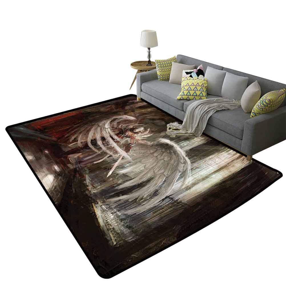 Cyborg Angel Girl Warrior with Sword Gothic Fantasy Rug - 5'x8' (150x240cm) Brown & White Non-Slip Play Mat for Kids Room, Game Room Decor, Medieval Themed Bedroom