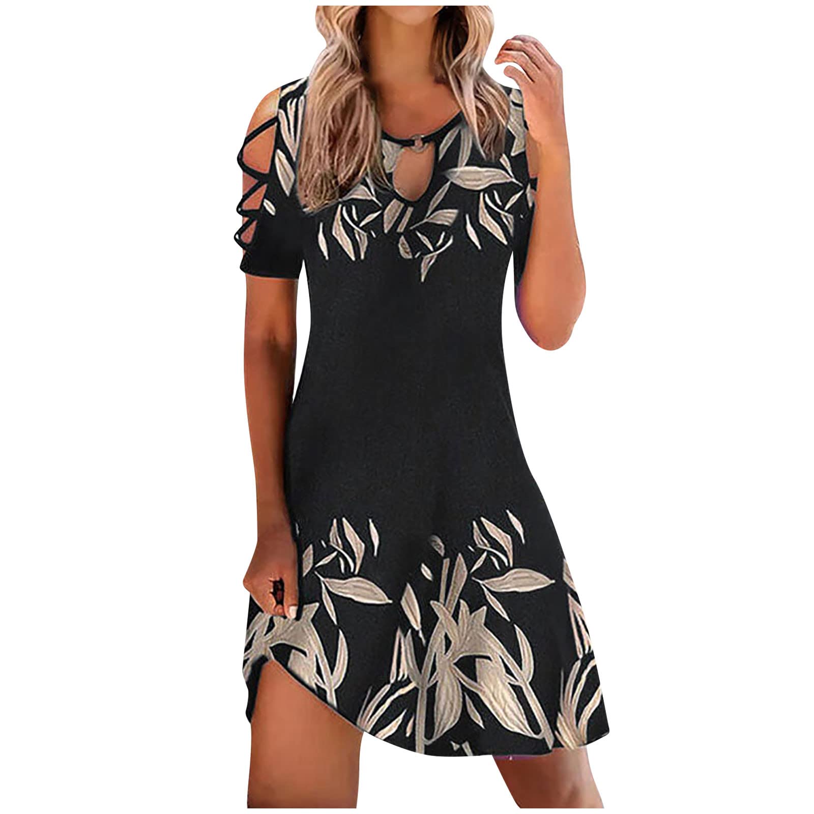 Women's Short Sleeve Floral Sundress - Retro Boho Cold Shoulder Midi Dress with Straps, Loose Casual Summer Dress for Beach, Vacation & Outdoor Activities
